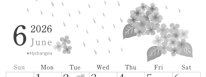 2026年6月縦型モノクロの日曜始まり 梅雨の季節イラストのかわいいA4無料白黒カレンダー(2026-00450610)