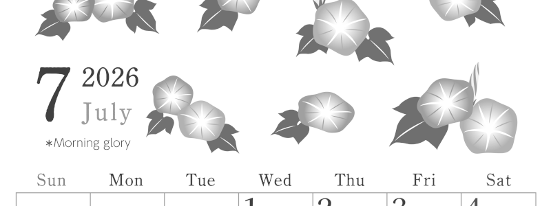 2026年7月縦型モノクロの日曜始まり 季節の花イラストのかわいいA4無料白黒カレンダー(2026-00450710)