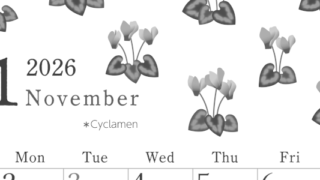 2026年11月縦型モノクロの日曜始まり シクラメンがかわいいイラストA4無料白黒カレンダー(2026-00451110)