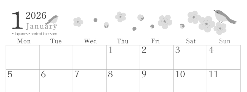 2026年1月横型モノクロの月曜始まり うぐいすイラストのかわいいA4無料白黒カレンダー(2026-00450101)