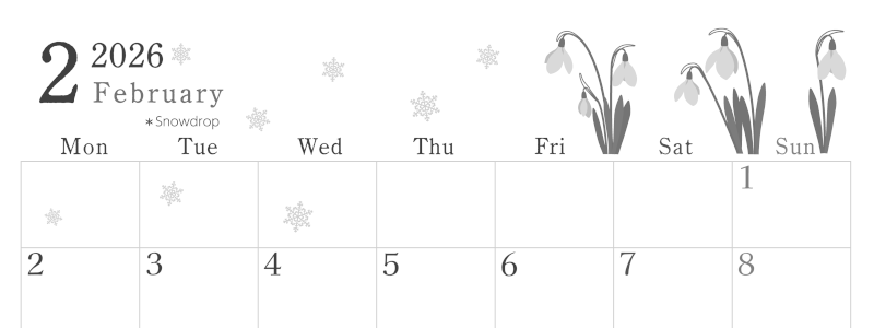 2026年2月横型モノクロの月曜始まり 白い花がかわいいイラストA4無料白黒カレンダー(2026-00450201)