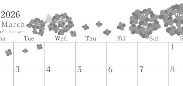2026年3月横型モノクロの月曜始まり 菜の花イラストのかわいいA4無料白黒カレンダー(2026-00450301)