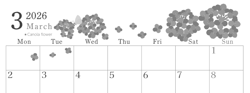 2026年3月横型モノクロの月曜始まり 菜の花イラストのかわいいA4無料白黒カレンダー(2026-00450301)