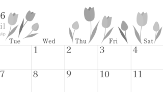 2026年4月横型モノクロの月曜始まり チューリップがかわいいイラストA4無料白黒カレンダー(2026-00450401)