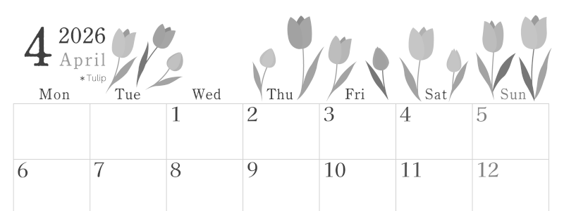 2026年4月横型モノクロの月曜始まり チューリップがかわいいイラストA4無料白黒カレンダー(2026-00450401)