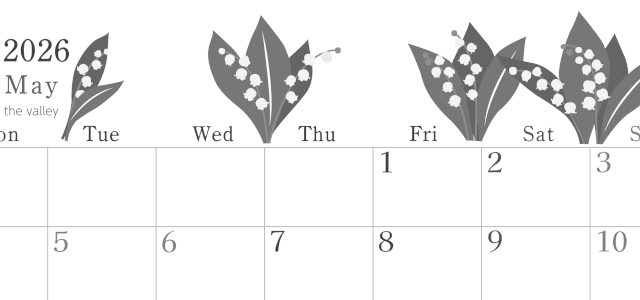 2026年5月横型モノクロの月曜始まり 白い花イラストのかわいいA4無料白黒カレンダー(2026-00450501)
