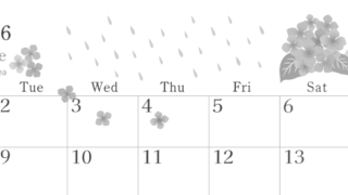 2026年6月横型モノクロの月曜始まり 梅雨の季節イラストのかわいいA4無料白黒カレンダー(2026-00450601)