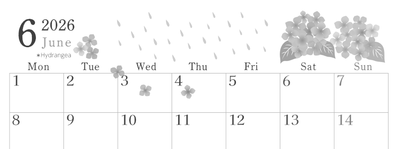 2026年6月横型モノクロの月曜始まり 梅雨の季節イラストのかわいいA4無料白黒カレンダー(2026-00450601)