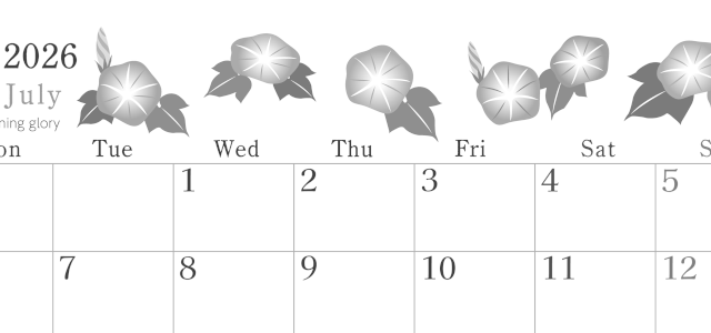 2026年7月横型モノクロの月曜始まり 季節の花イラストのかわいいA4無料白黒カレンダー(2026-00450701)
