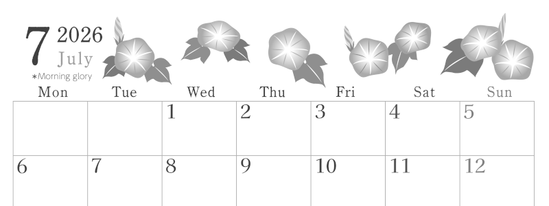2026年7月横型モノクロの月曜始まり 季節の花イラストのかわいいA4無料白黒カレンダー(2026-00450701)