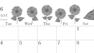 2026年8月横型モノクロの月曜始まり 夏の花のイラストがかわいいA4無料白黒カレンダー(2026-00450801)