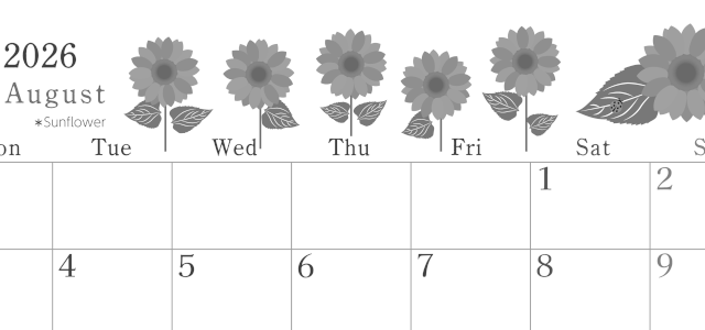 2026年8月横型モノクロの月曜始まり 夏の花のイラストがかわいいA4無料白黒カレンダー(2026-00450801)