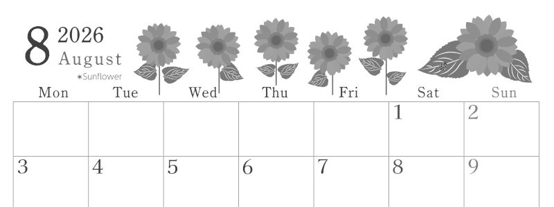 2026年8月横型モノクロの月曜始まり 夏の花のイラストがかわいいA4無料白黒カレンダー(2026-00450801)