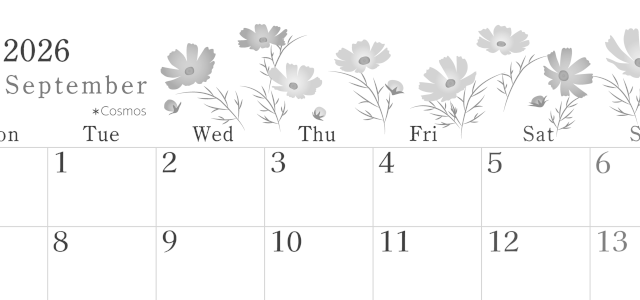 2026年9月横型モノクロの月曜始まり コスモスがかわいいイラストA4無料白黒カレンダー(2026-00450901)
