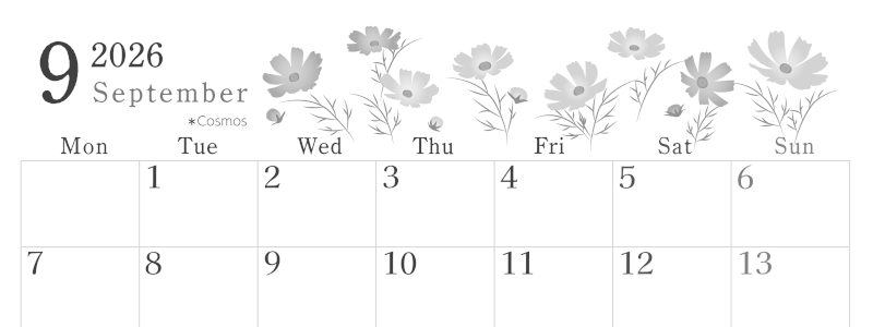 2026年9月横型モノクロの月曜始まり コスモスがかわいいイラストA4無料白黒カレンダー(2026-00450901)