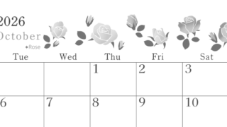 2026年10月横型モノクロの月曜始まり ローズがかわいいイラストA4無料白黒カレンダー(2026-00451001)