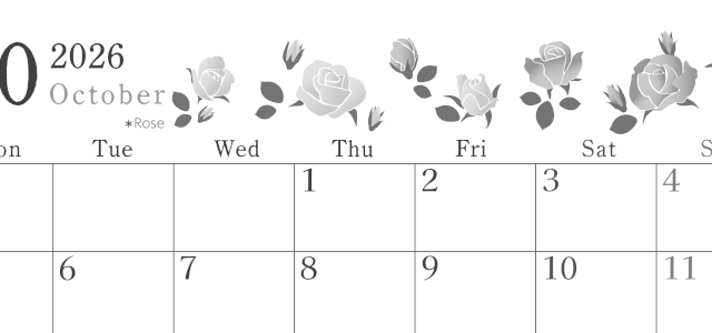 2026年10月横型モノクロの月曜始まり ローズがかわいいイラストA4無料白黒カレンダー(2026-00451001)