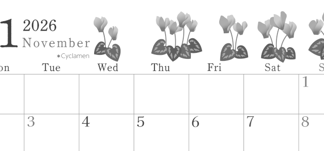 2026年11月横型モノクロの月曜始まり シクラメンがかわいいイラストA4無料白黒カレンダー(2026-00451101)