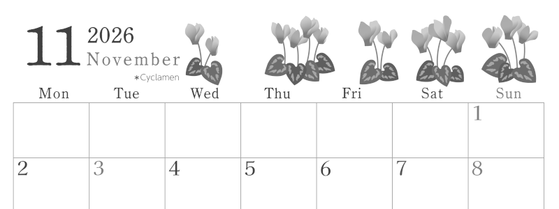 2026年11月横型モノクロの月曜始まり シクラメンがかわいいイラストA4無料白黒カレンダー(2026-00451101)