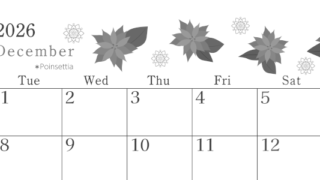 2026年12月横型モノクロの月曜始まり ポインセチアがかわいいイラストA4無料白黒カレンダー(2026-00451201)