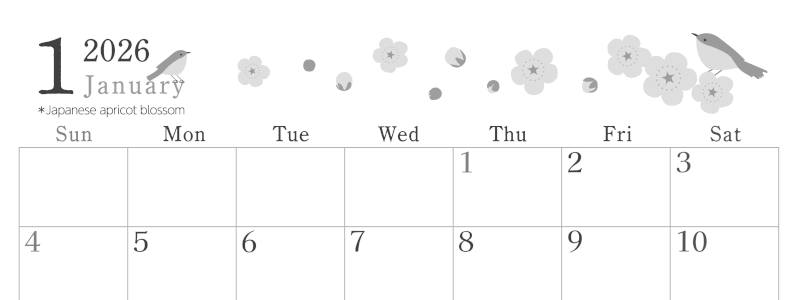 2026年1月横型モノクロの日曜始まり うぐいすイラストのかわいいA4無料白黒カレンダー(2026-00450100)