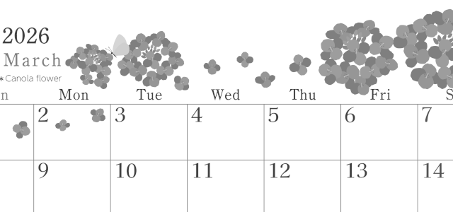 2026年3月横型モノクロの日曜始まり 菜の花イラストのかわいいA4無料白黒カレンダー(2026-00450300)