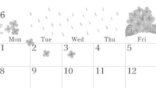 2026年6月横型モノクロの日曜始まり 梅雨の季節イラストのかわいいA4無料白黒カレンダー(2026-00450600)