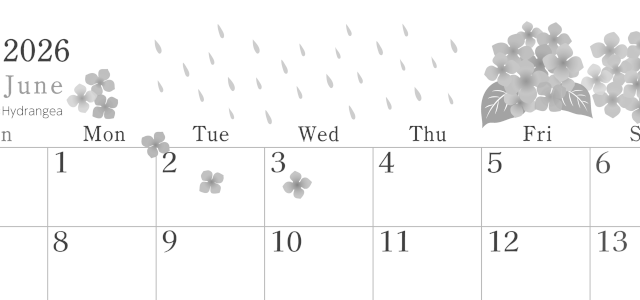 2026年6月横型モノクロの日曜始まり 梅雨の季節イラストのかわいいA4無料白黒カレンダー(2026-00450600)