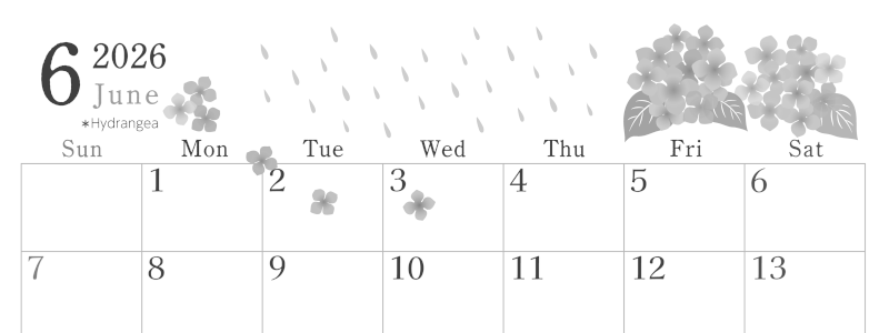 2026年6月横型モノクロの日曜始まり 梅雨の季節イラストのかわいいA4無料白黒カレンダー(2026-00450600)
