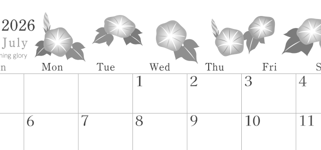 2026年7月横型モノクロの日曜始まり 季節の花イラストのかわいいA4無料白黒カレンダー(2026-00450700)
