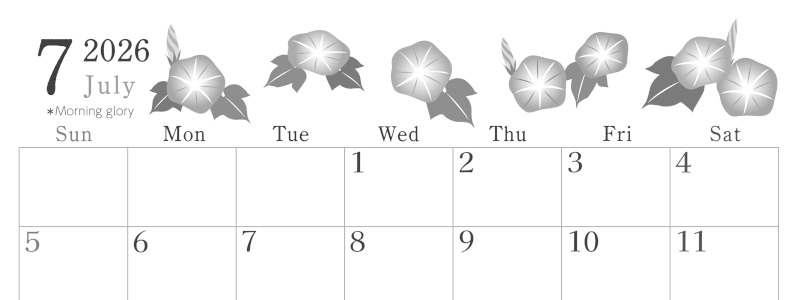 2026年7月横型モノクロの日曜始まり 季節の花イラストのかわいいA4無料白黒カレンダー(2026-00450700)