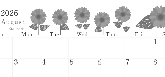 2026年8月横型モノクロの日曜始まり 夏の花のイラストがかわいいA4無料白黒カレンダー(2026-00450800)