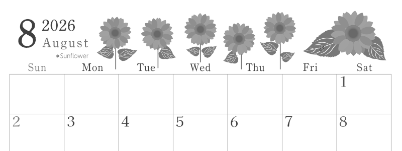 2026年8月横型モノクロの日曜始まり 夏の花のイラストがかわいいA4無料白黒カレンダー(2026-00450800)