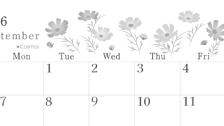 2026年9月横型モノクロの日曜始まり コスモスがかわいいイラストA4無料白黒カレンダー(2026-00450900)