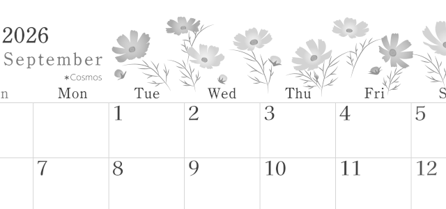 2026年9月横型モノクロの日曜始まり コスモスがかわいいイラストA4無料白黒カレンダー(2026-00450900)