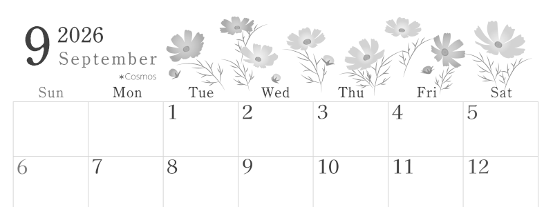 2026年9月横型モノクロの日曜始まり コスモスがかわいいイラストA4無料白黒カレンダー(2026-00450900)