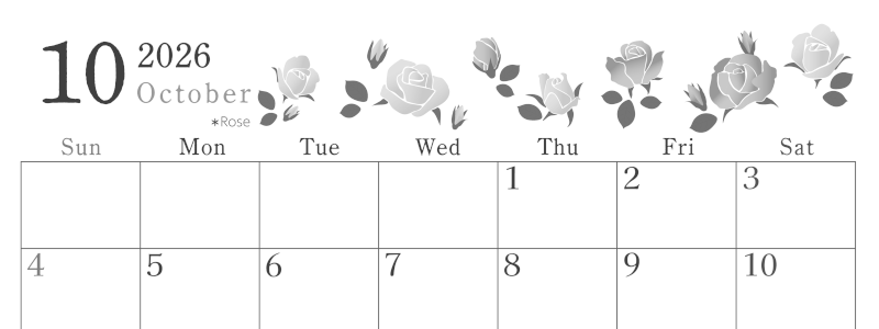 2026年10月横型モノクロの日曜始まり ローズがかわいいイラストA4無料白黒カレンダー(2026-00451000)