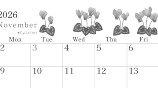 2026年11月横型モノクロの日曜始まり シクラメンがかわいいイラストA4無料白黒カレンダー(2026-00451100)