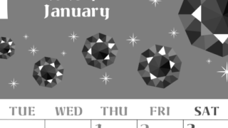 2026年1月縦型モノクロの月曜始まり ルビーイラストのおしゃれA4無料白黒カレンダー(2026-00460111)