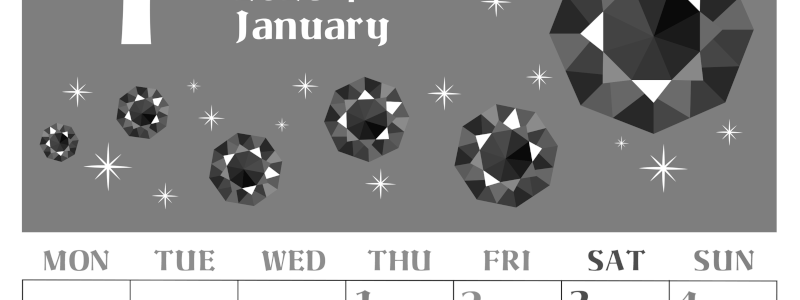 2026年1月縦型モノクロの月曜始まり ルビーイラストのおしゃれA4無料白黒カレンダー(2026-00460111)