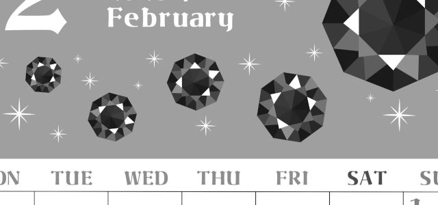 2026年2月縦型モノクロの月曜始まり 誕生石のイラストがおしゃれなA4無料白黒カレンダー(2026-00460211)