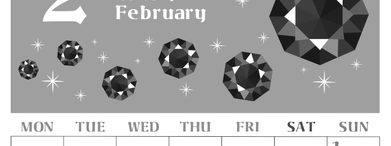 2026年2月縦型モノクロの月曜始まり 誕生石のイラストがおしゃれなA4無料白黒カレンダー(2026-00460211)