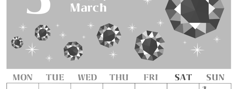 2026年3月縦型モノクロの月曜始まり 誕生石のイラストがおしゃれなA4無料白黒カレンダー(2026-00460311)