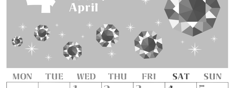 2026年4月縦型モノクロの月曜始まり 誕生石のイラストがおしゃれなA4無料白黒カレンダー(2026-00460411)