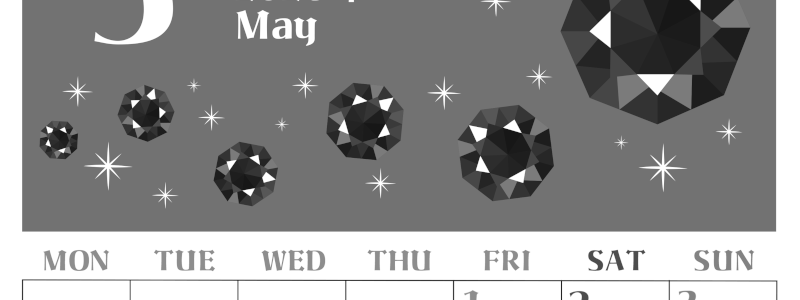 2026年5月縦型モノクロの月曜始まり 誕生石のイラストがおしゃれなA4無料白黒カレンダー(2026-00460511)