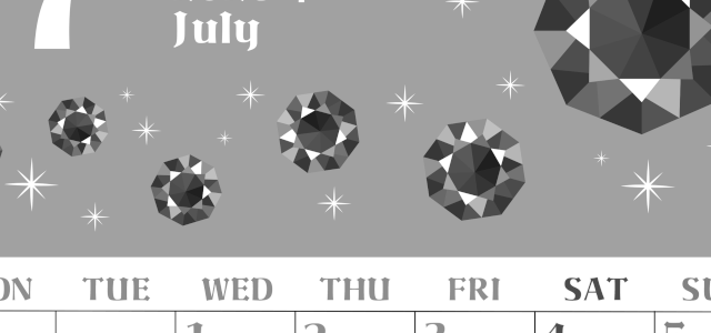 2026年7月縦型モノクロの月曜始まり 誕生石のイラストがおしゃれなA4無料白黒カレンダー(2026-00460711)