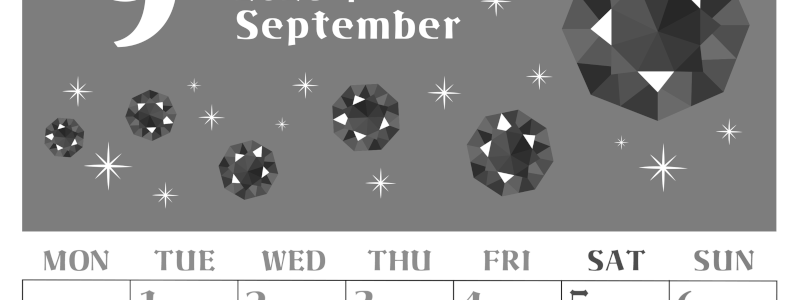 2026年9月縦型モノクロの月曜始まり 誕生石のイラストがおしゃれなA4無料白黒カレンダー(2026-00460911)