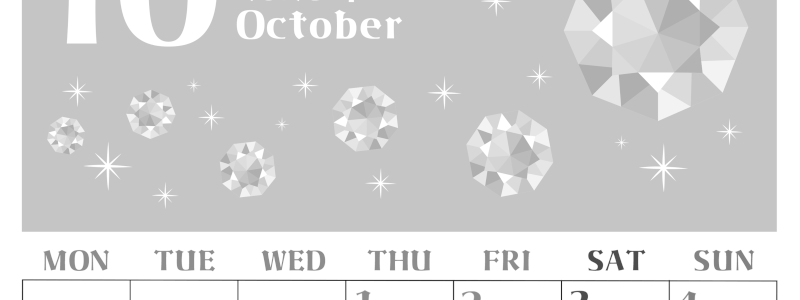 2026年10月縦型モノクロの月曜始まり 誕生石のイラストがおしゃれなA4無料白黒カレンダー(2026-00461011)