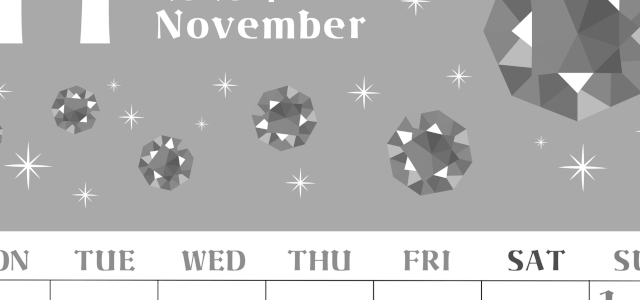 2026年11月縦型モノクロの月曜始まり 誕生石のイラストがおしゃれなA4無料白黒カレンダー(2026-00461111)