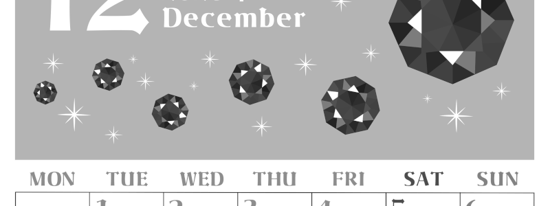 2026年12月縦型モノクロの月曜始まり 誕生石のイラストがおしゃれなA4無料白黒カレンダー(2026-00461211)